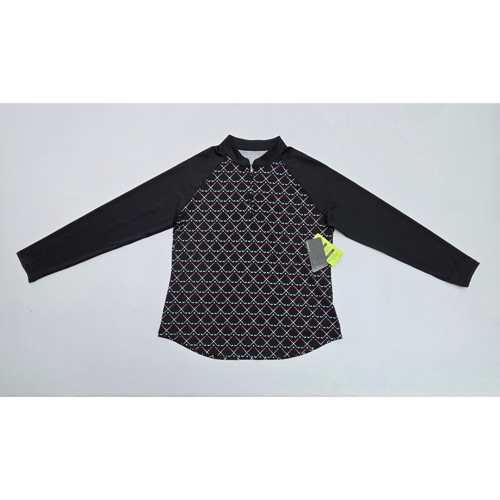 Emerald 18 Womens Golf Top Large Black Pink Blue Club Print Long Sleeve NWT